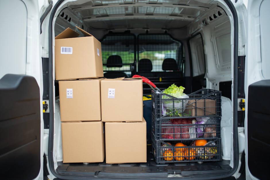 The interior of a white van parked outside a property, loaded with several cardboard boxes positioned upright on the left side and a black plastic crate on the right filled with fresh vegetables such as lettuce, oranges, and purple cabbages. The boxes are sealed with packing tape and feature labels, indicating they contain household items or supplies for a home relocation. The van has a spacious cargo area with a metal partition separating the driver’s cabin from the load. The loading area is illuminated by natural daylight, and the items are arranged to ensure secure transport during furniture and packing moving processes, supported by Man and Van Covent Garden’s house removals services in the busy area near Covent Garden, London.